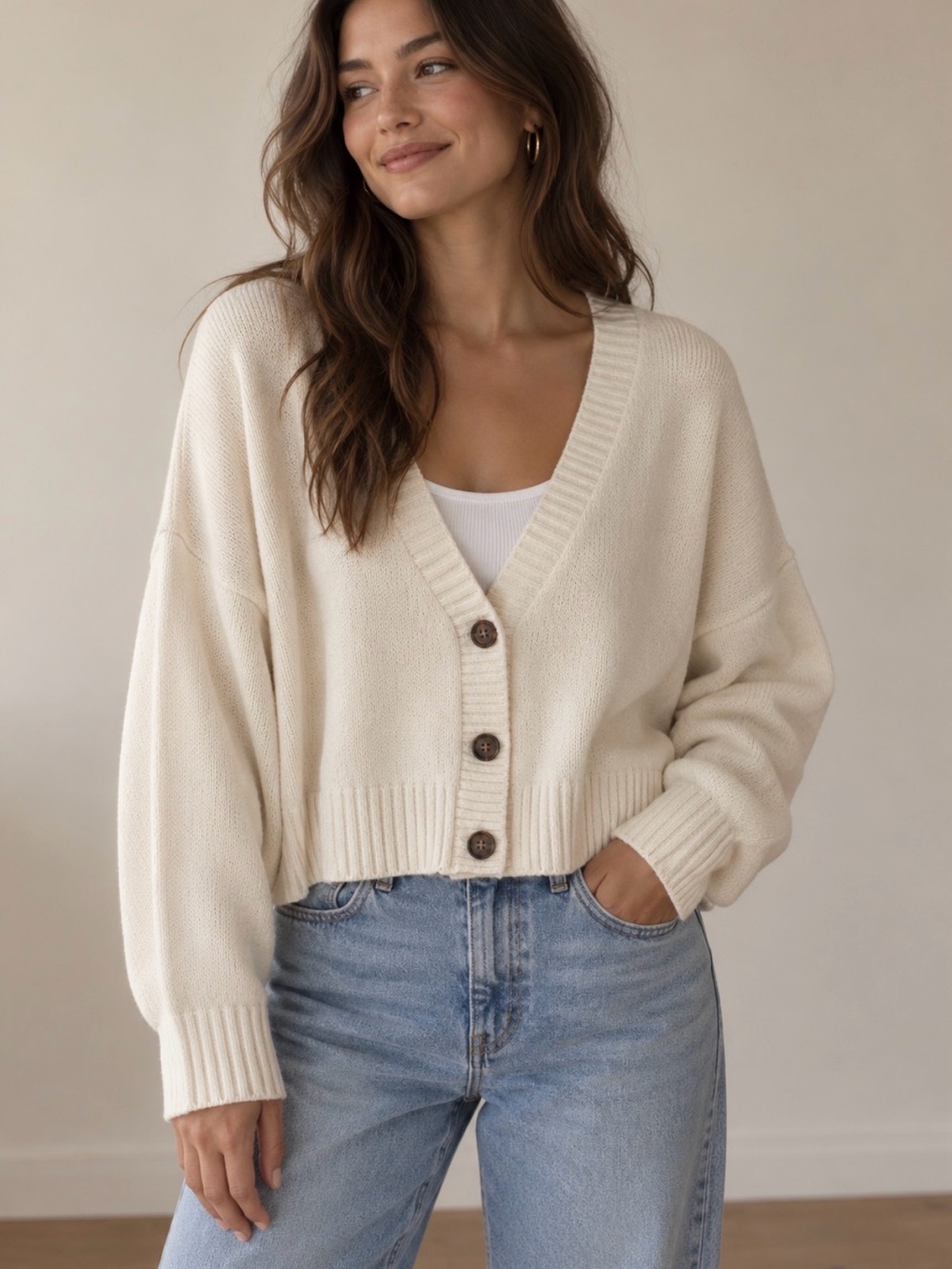wild fable Cream Cropped V-Neck Button Cardigan